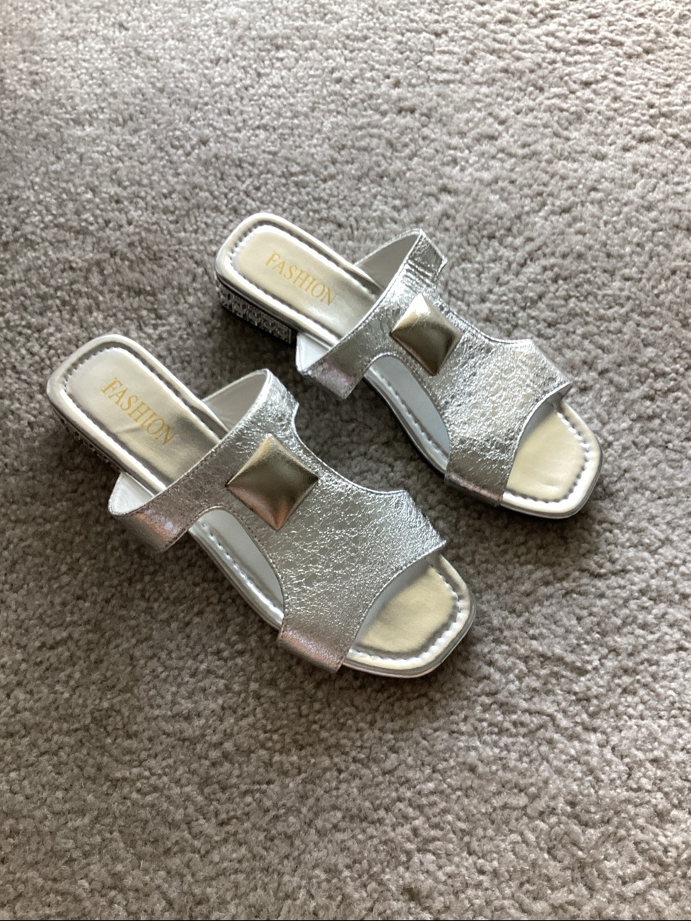 Silver Metallic Slide Mules with Decorative Accent